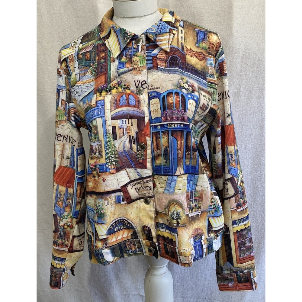 Impulse California Art Jacket Venice Café Boho Travel‎ Print Button Front USA
